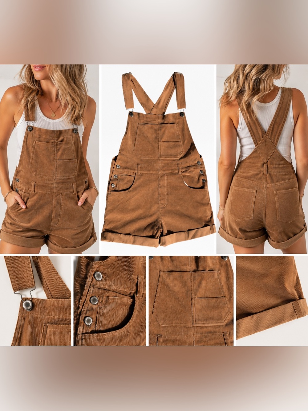 Brown Corduroy Short Overalls Shortalls Cuffed Hem Size Large